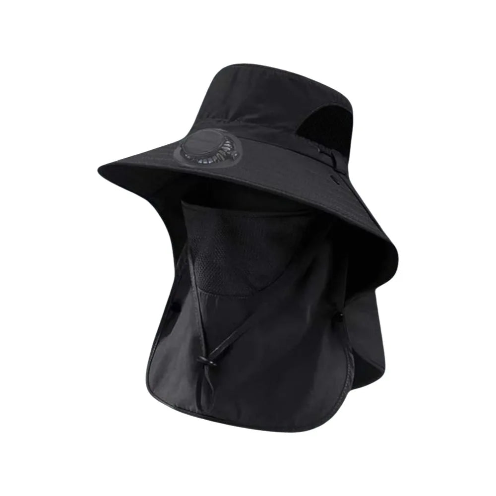 Solar Rechargeable Fan Hat with Shawl & Face Cover – Unisex Solar Fan Hat Axl Black