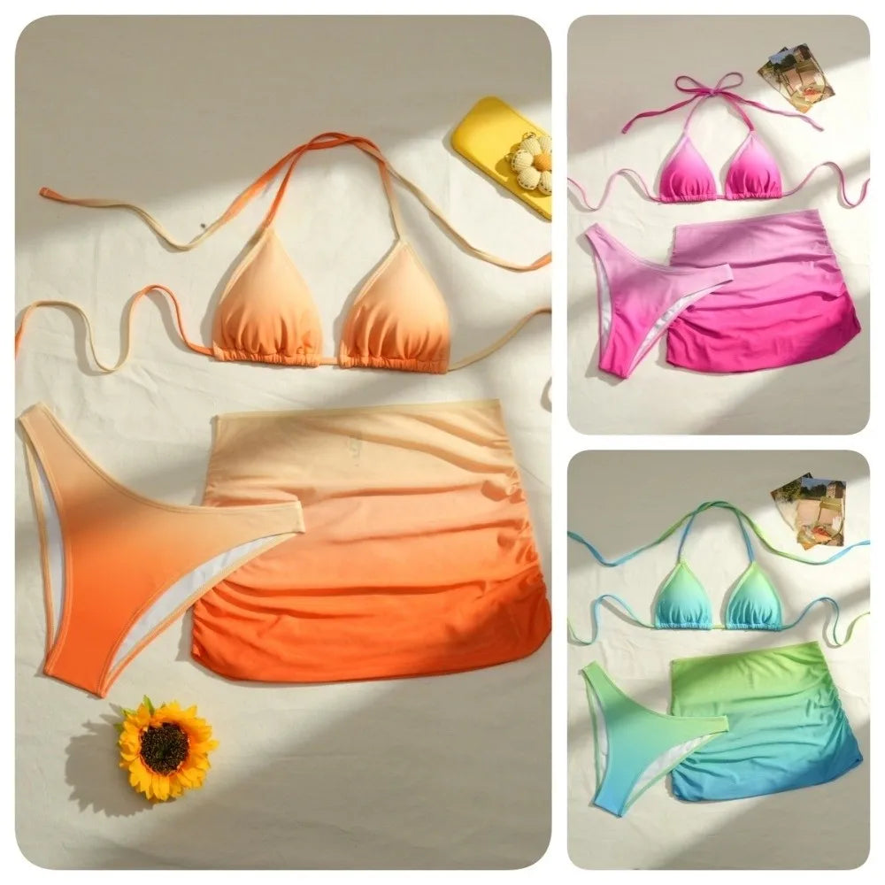 3-in-1 Lace-Up Gradient Bikini Set – Deep-V Swimwear S–XL Bikini Swimwear Set Axl