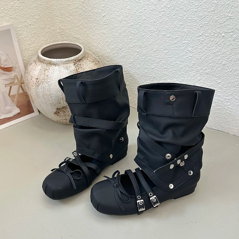 Women's Vintage Suede Mid-Calf Booties | Multi Buckle Wedge Mid-Calf Wedge Booties Axl black 36