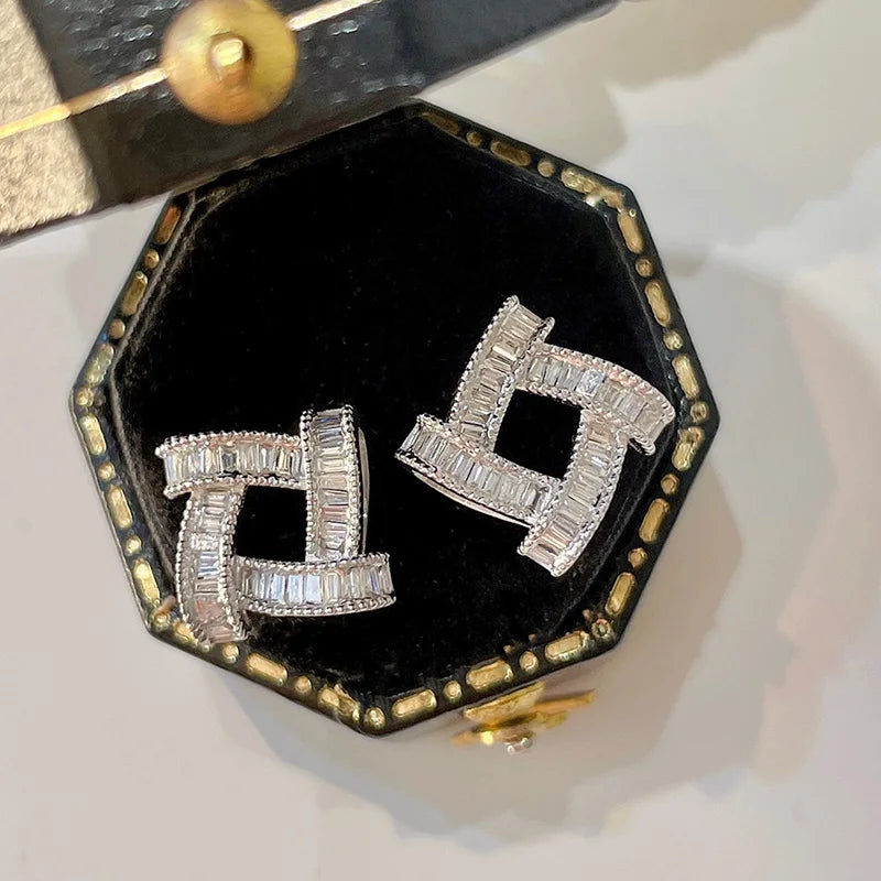 Huitan Square CZ Stud Earrings – Iced Out Crystal Geometric CZ Stud Earrings Axl