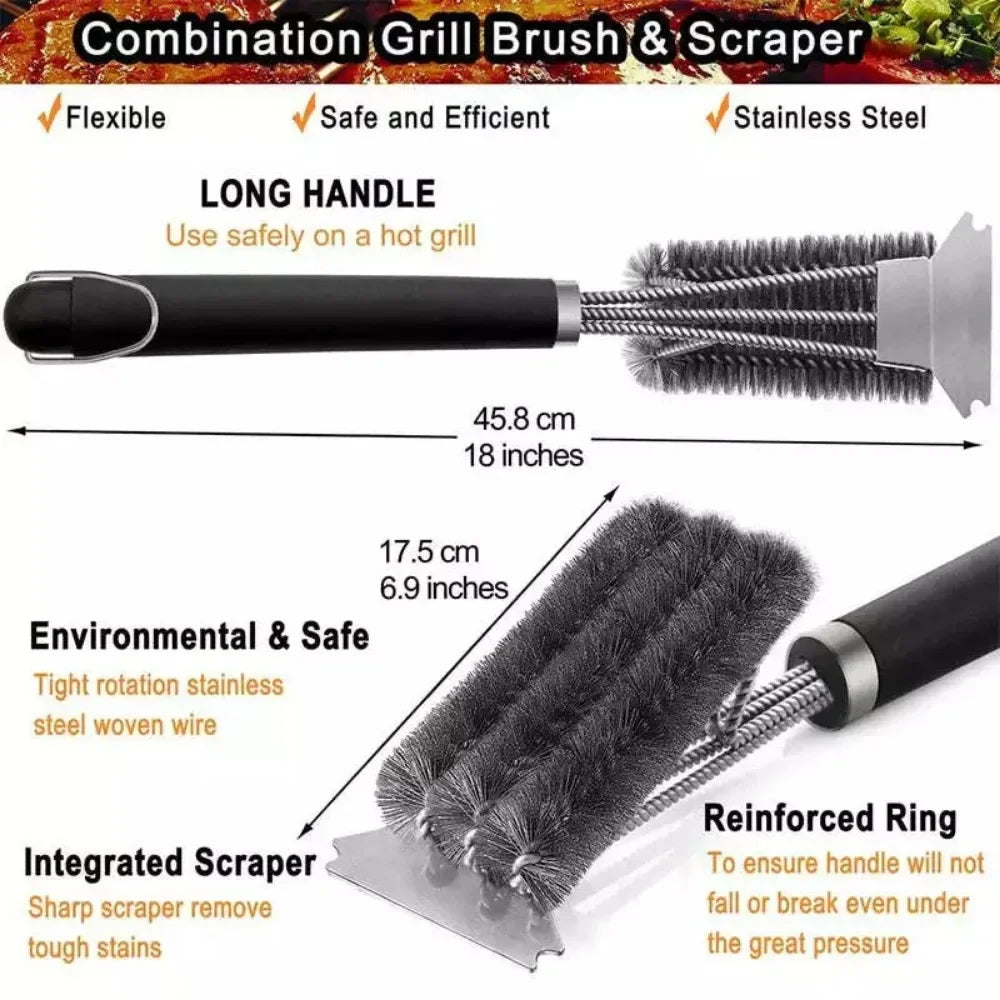 Wire Bristle BBQ Grill Brush & Scraper | Triple Scrubber BBQ Grill Brush Axl 1pcs-black36578