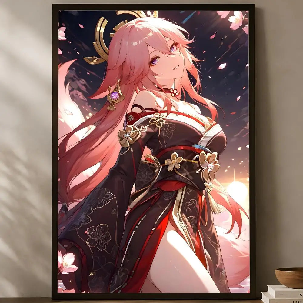 Yae Miko Self-Stick HD Wall Poster – Waterproof Anime Decor Wall Art Poster Axl White03 50X70cmNoframe