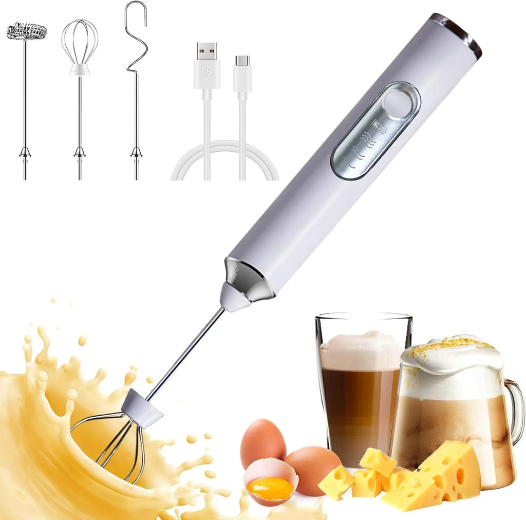 USB Rechargeable Handheld Milk Frother – 3 Speeds, 2 Whisks Handheld Milk Frother Axl White