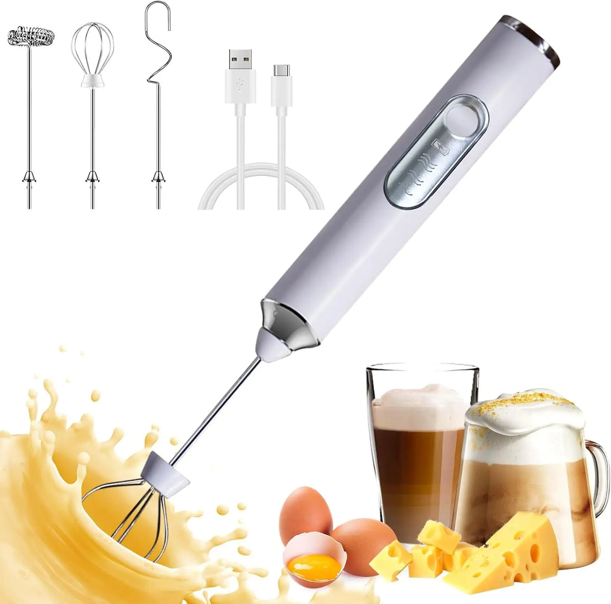 USB Rechargeable Handheld Milk Frother – 3 Speeds, 2 Whisks Handheld Milk Frother Axl White