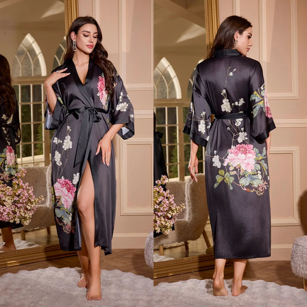 Women's Printed Kimono Robe – Long Loose Loungewear Nightgown Kimono Loungewear Robe Axl 20 One Size
