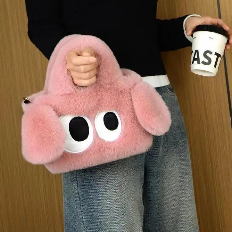 Big-Eyed Plush Fur Tote Bag – Women's Crossbody Shoulder Handbag Plush Tote Handbag Axl