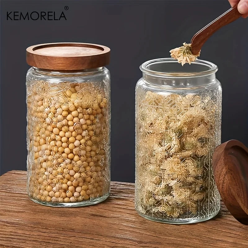 KEMORELA Vintage Glass Storage Jar – Airtight Wooden Lid 700/1000ml Glass Storage Jar Axl