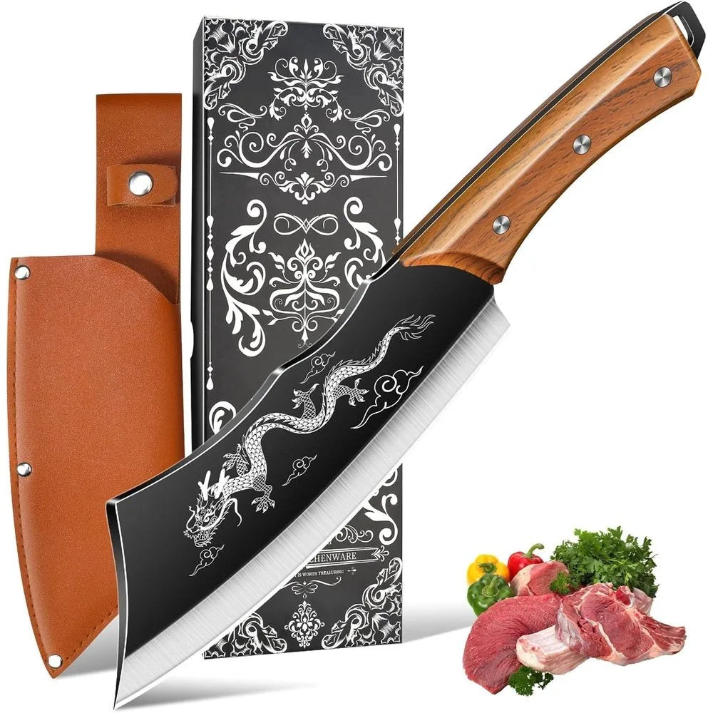 PLYS 8-Inch High Carbon Steel Butcher Knife & Leather Sheath Butcher Knife Axl Style A