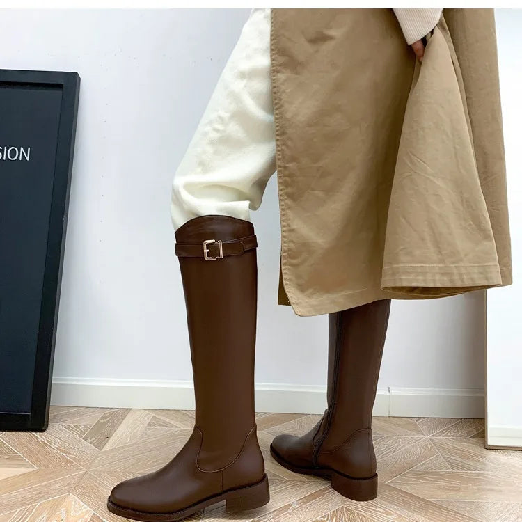 YBQJOO Women's Vintage Knee-High Boots | Belt Buckle Low Heel Knee-High Boots Axl