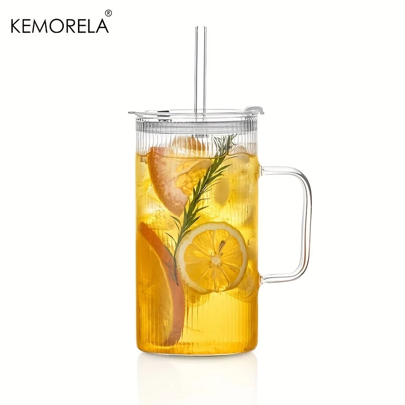 KEMORELA 740ml Ribbed Glass Tumbler with Handle, Lid & Straw Glass Tumbler Set Axl 1pc 740ml