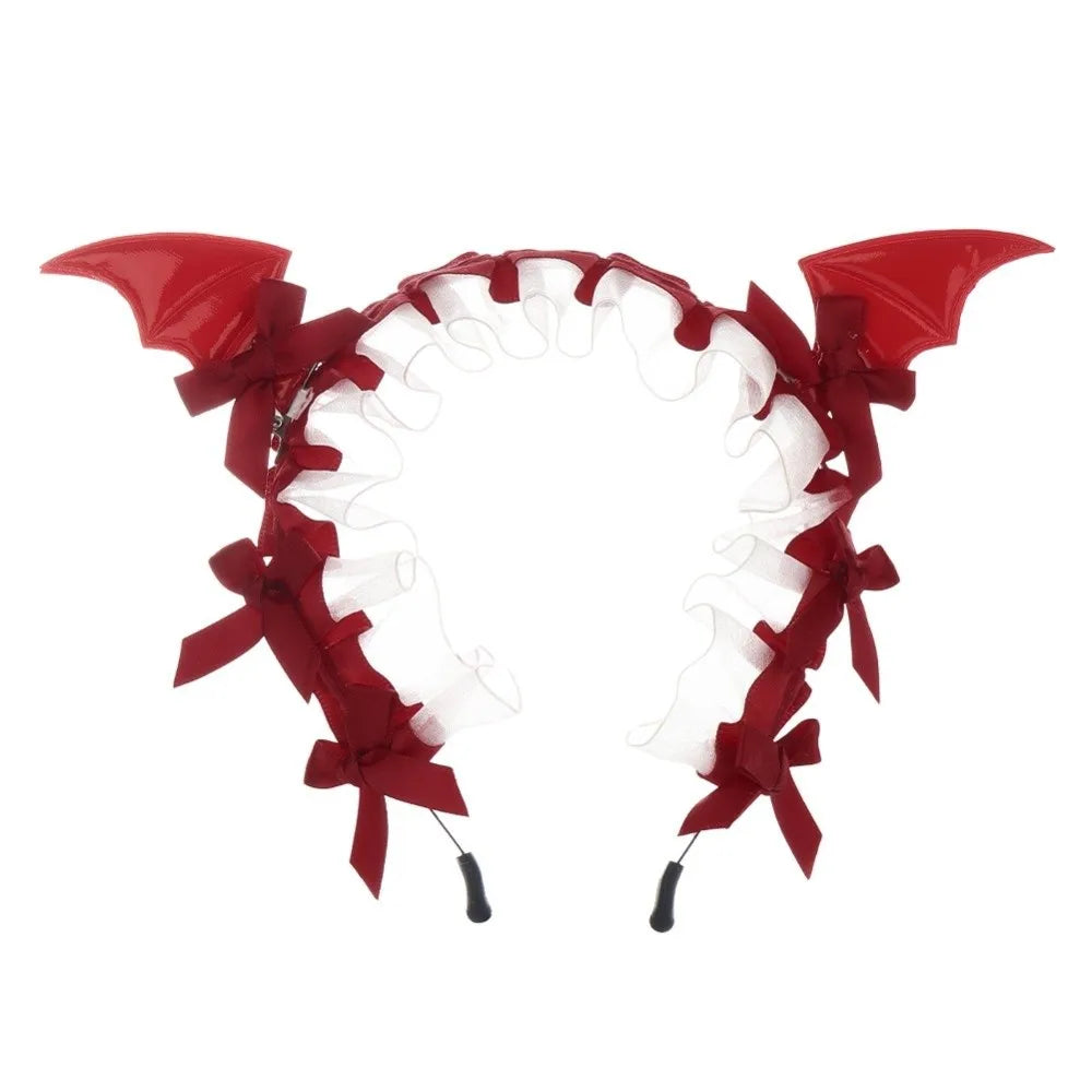 Gothic Bat Ruffle Lace Headband – Punk Bow Cosplay Hair Hoop Gothic Hair Headband Axl Red