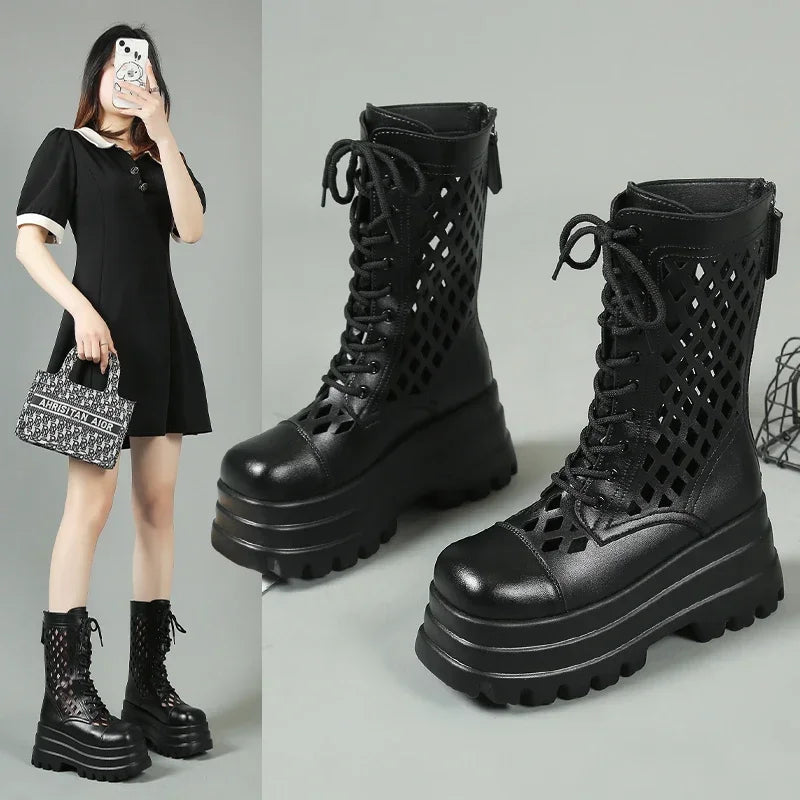 Women's Ankle Platform Wedge Boots – Lace-Up Openwork Style Platform Wedge Boots Axl