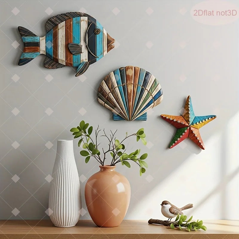 3-Piece Wooden Ocean Art – Fish Shell Starfish Farmhouse Decor Wooden Home Decor Axl