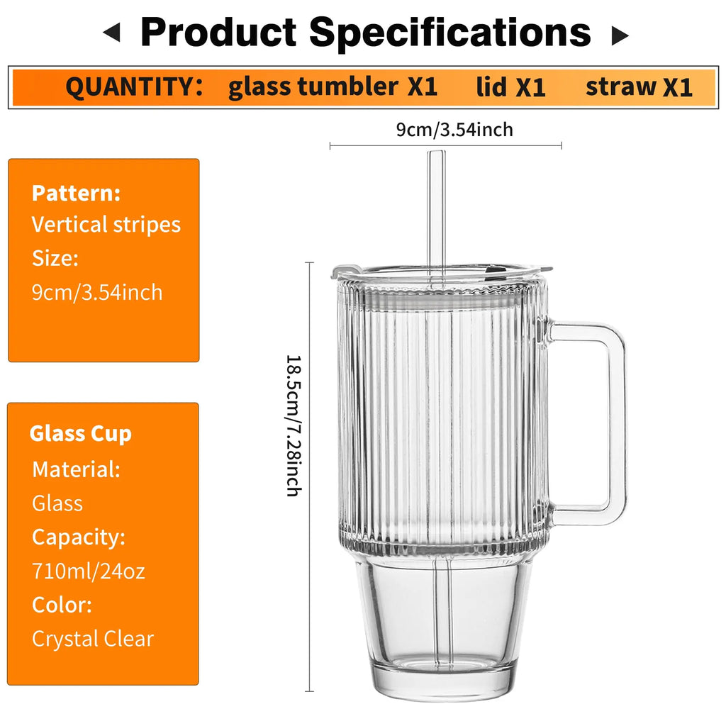 KEMORELA 700ml Striped Glass Cup with Lid, Straw & Handle Glass Drinking Cup Axl