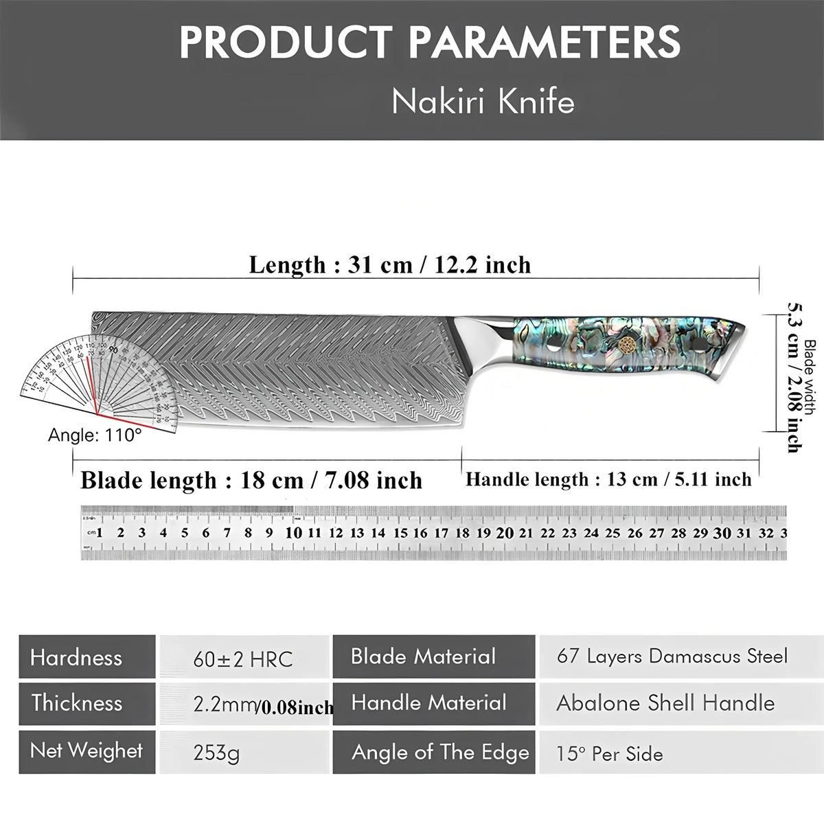Nakiri Knife 67-Layer Damascus Steel & Abalone Shell Handle Damascus Nakiri Knife Axl