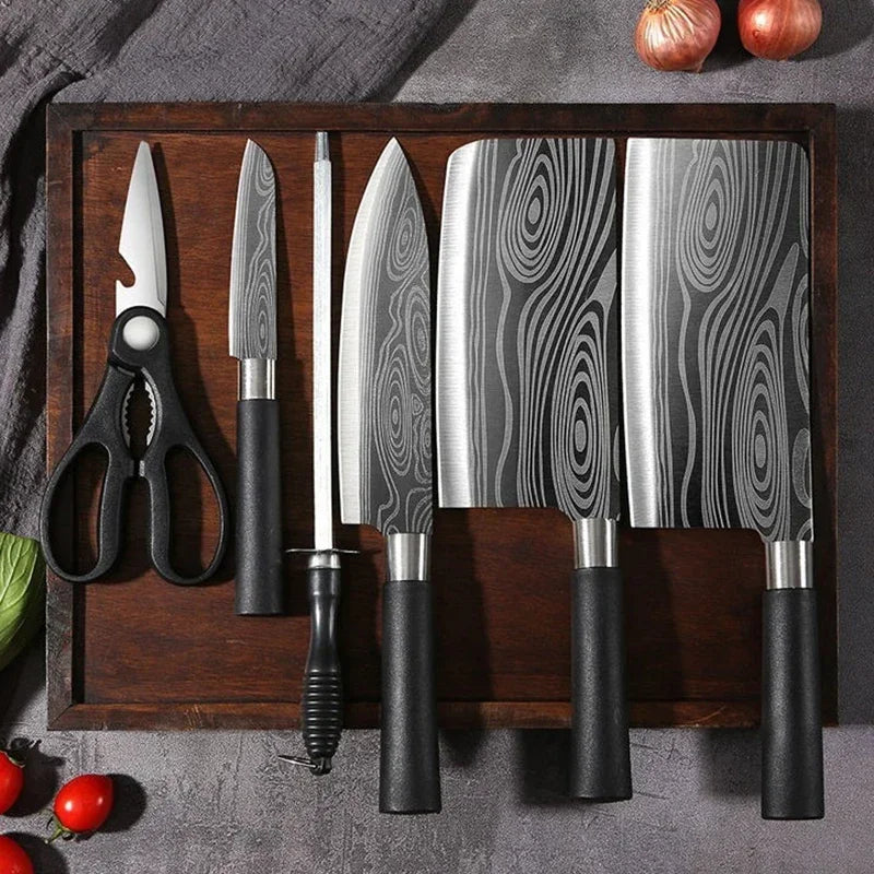 Damascus Pattern Chef Knife Set with Scissors & Sharpening Rod Kitchen Knife Set Axl