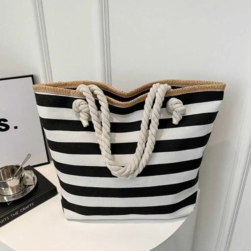 Women's Striped Canvas Tote Bag – Beach & Everyday Handbag Canvas Tote Bag Axl black stripe