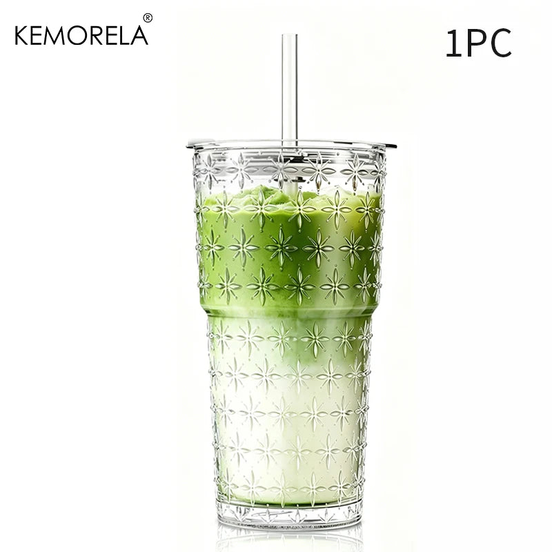 Sparkling Star Glass Coffee Cup 590ml – Lid & Straw Included Glass Drinkware Set Axl 1PCS 590ML