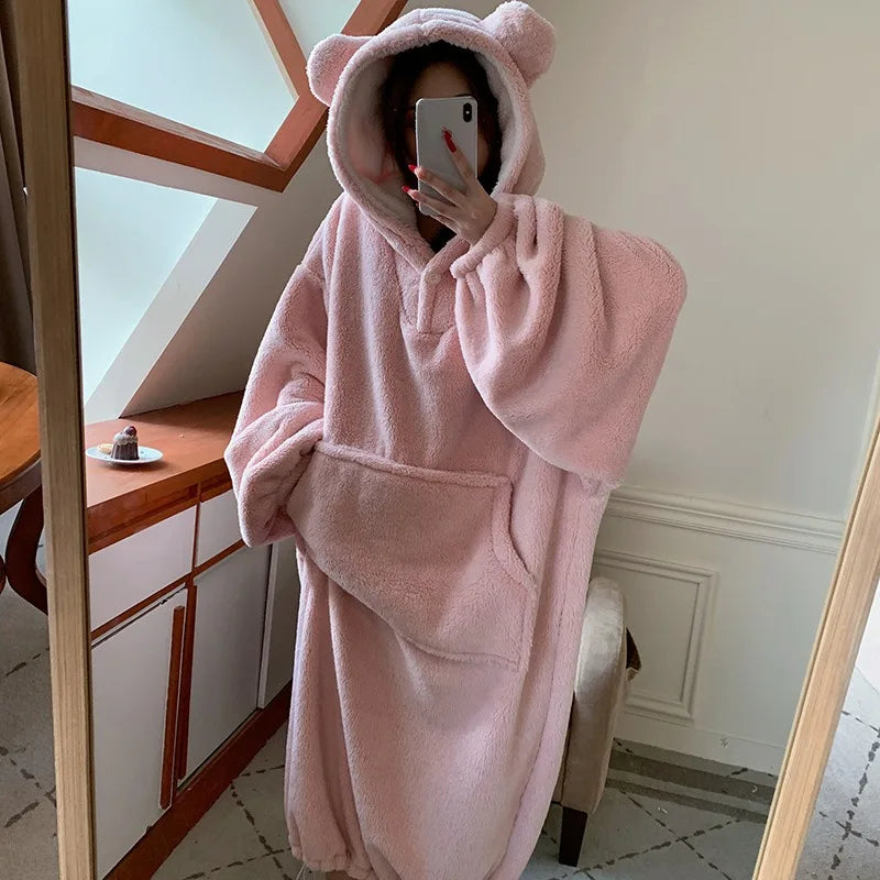 Women's Flannel Hooded Nightgown – Warm Padded Winter Homewear Flannel Nightgown Axl