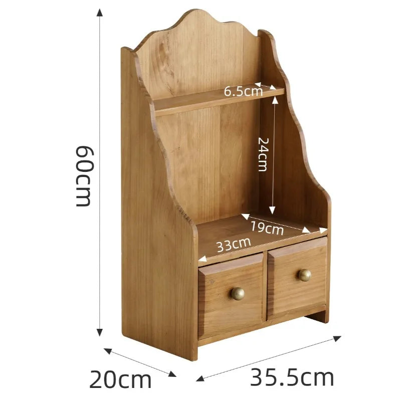 Retro Wooden Storage Shelf with Drawers – Bedroom Makeup Rack Wooden Display Shelf Axl Log Color