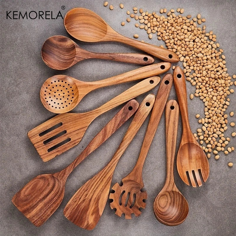 9-Piece Acacia Wood Kitchen Utensils Set – Spoons & Spatulas Wood Utensil Set Axl