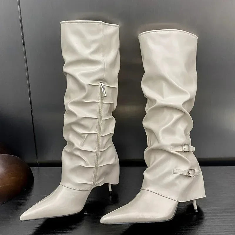 Women's Knee-High Stiletto Boots – Pointed Toe Zipper Buckle Knee-High Boots Axl