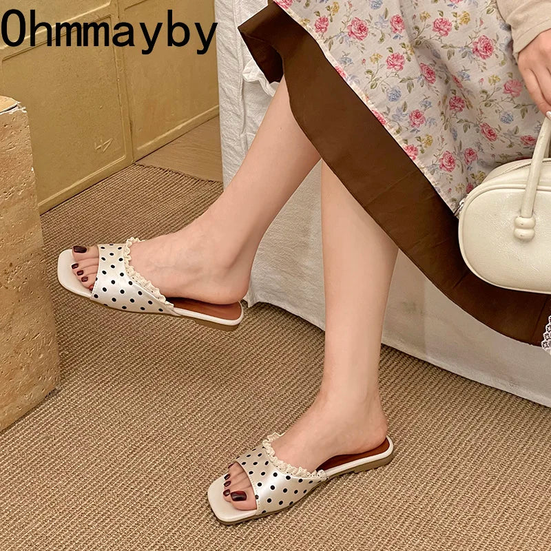 Women's Lace Open Toe Flat Slides | Beach Vacation Slippers Flat Slide Sandals Axl