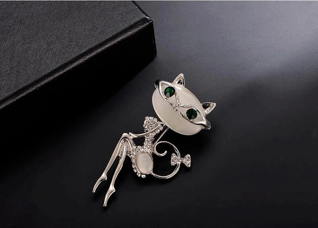 Opal Cat Eye Stone Brooch – Crystal Kitten Pin for Women Crystal Brooch Pin Axl