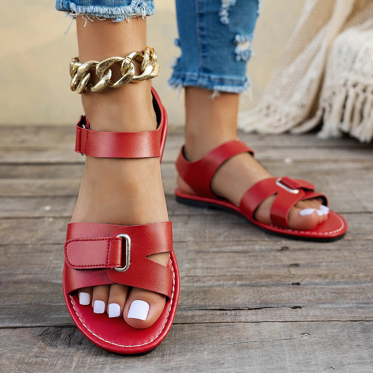 Women's Flat Sandals – Metal Buckle Open Toe Beach Roman Shoes Women's Flat Sandals Axl