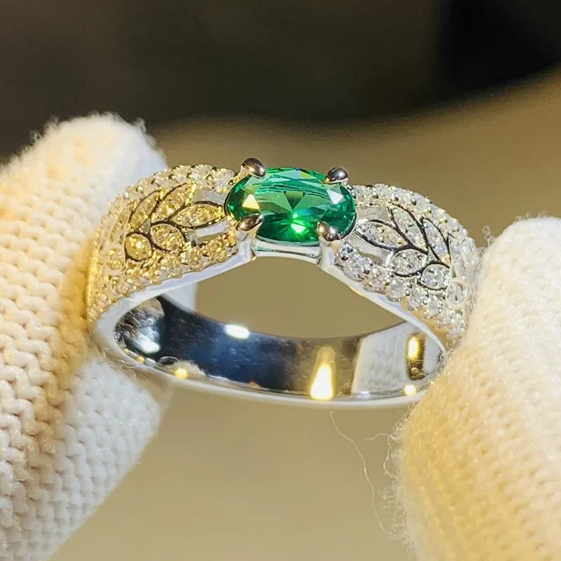 Huitan Leaf Band Oval Green CZ Wedding Ring for Women Fashion Ring Axl