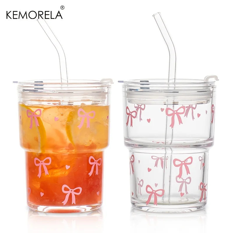 KEMORELA 380ml Pink Bow Glass Cup with Lid & Glass Straw Glass Cup Set Axl 2PCS 380ML