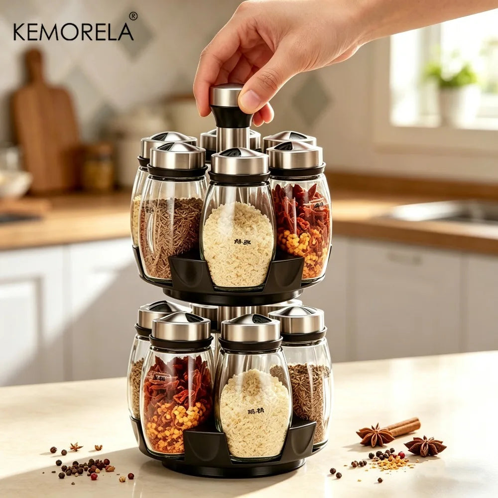 Rotating Glass Spice Jar Rack – KEMORELA Kitchen Organizer Rotating Spice Rack Axl Double Layer
