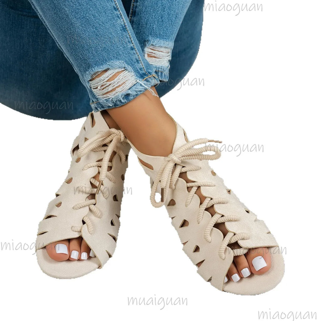 Women's Retro Lace-Up Flat Sandals – Hollow Roman Beach Shoes Flat Sandals Axl