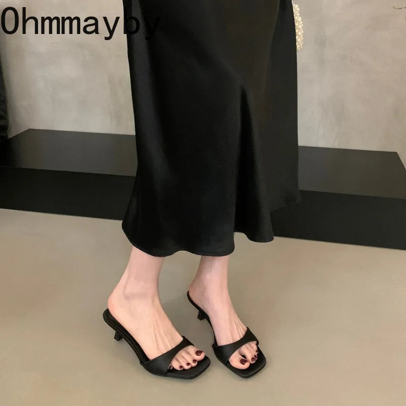 Women's Open Toe Silk Slide Slippers – Elegant Low Heel Mules Slide Slippers Axl