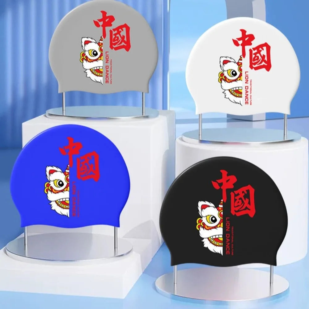 Lion Dance Waterproof Silicone Swimming Cap – Adult Long Hair Swim Cap Axl