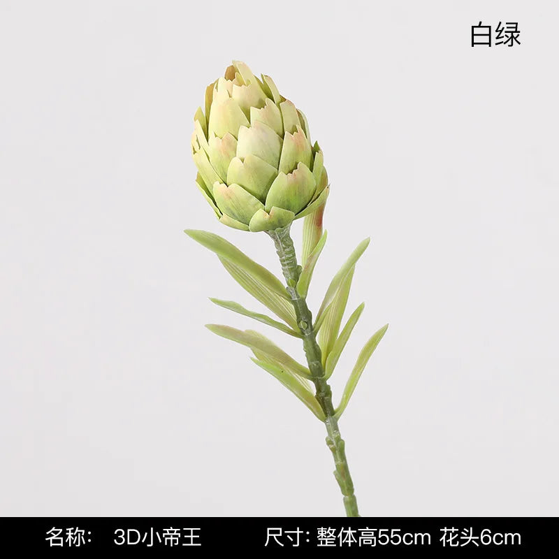 3-Pack Artificial King Protea Flower Branches | Faux Silk Décor Artificial Flower Stems Axl white green