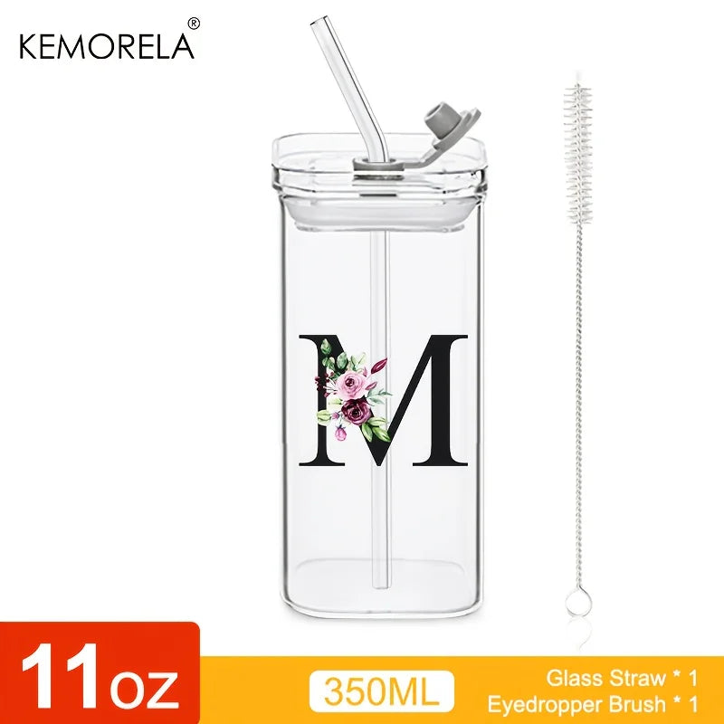 KEMORELA 300ml Letter-Shaped Glass Tumbler with Lid & Straw Glass Tumbler Axl M 300ML