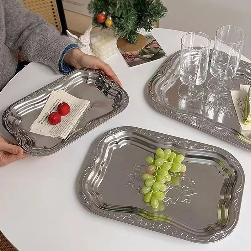 Stainless Steel Rectangular Tray – Embossed Vintage Serving Dish Serving Tray Axl