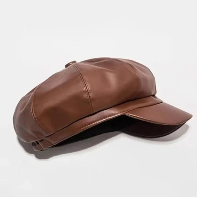 PU Leather Retro Beret – Octagonal Flat Cap for Women Women's Beret Hat Axl