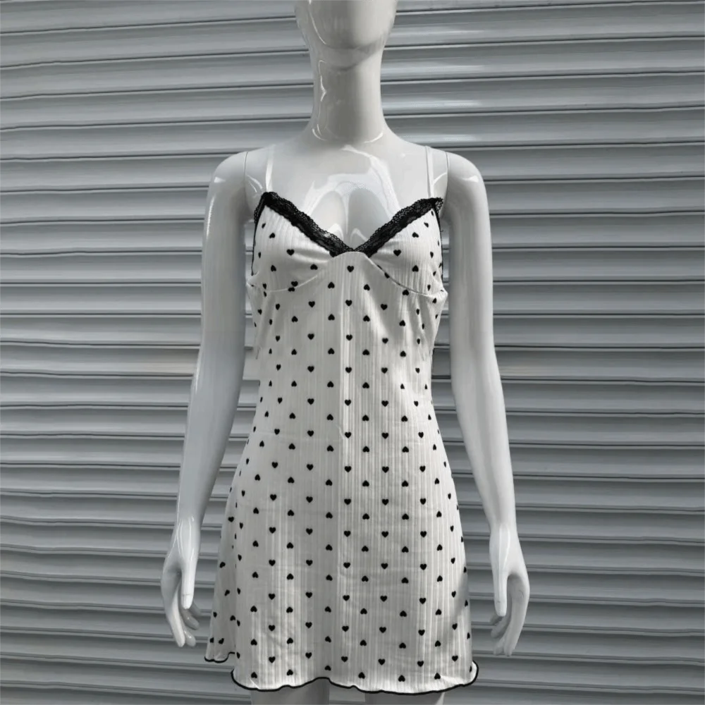 Women's Heart Print Lace Camisole Nightdress – Soft Sleepwear Camisole Nightdress Axl