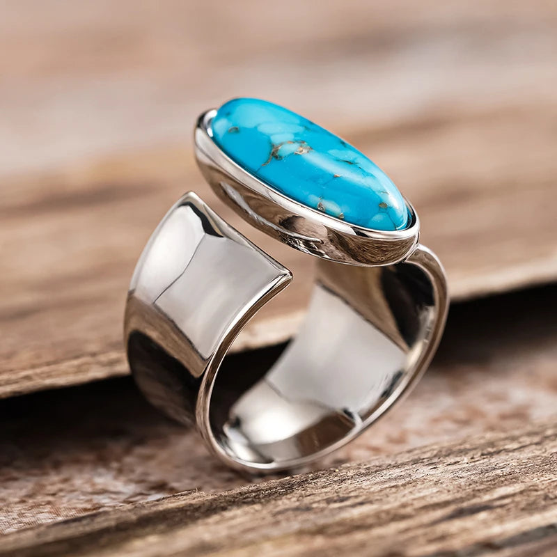 Huitan Bohemia Oval Blue Turquoise Adjustable Ring – Women Fashion Ring Axl