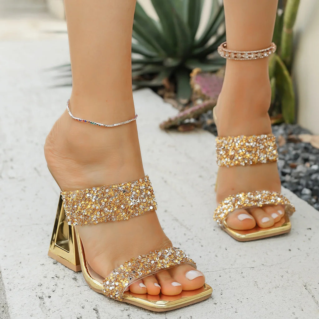 Women's Rhinestone Sequin Slip-On Sandals | Elegant Summer Heels Women's Sandals Axl