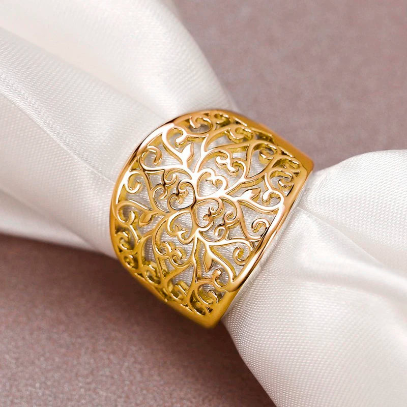 Huitan Wide Hollow Flower Ring – Vintage Carved Brass Women's Ring Fashion Ring Axl