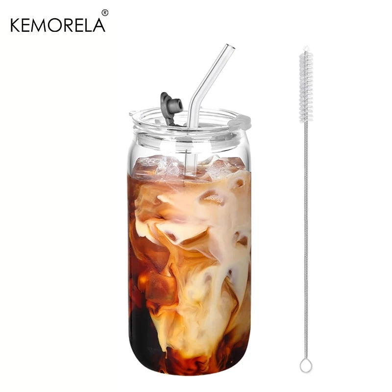 KEMORELA 470ml Glass Cup with Straw Lid | 1 or 2 Pack Glass Drinkware Set Axl 1PCS 470ML