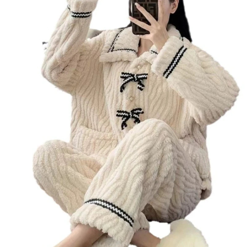 Women's Bow Pajama Set – Warm Thick Winter Sleepwear 2-Piece Women's Pajama Set Axl