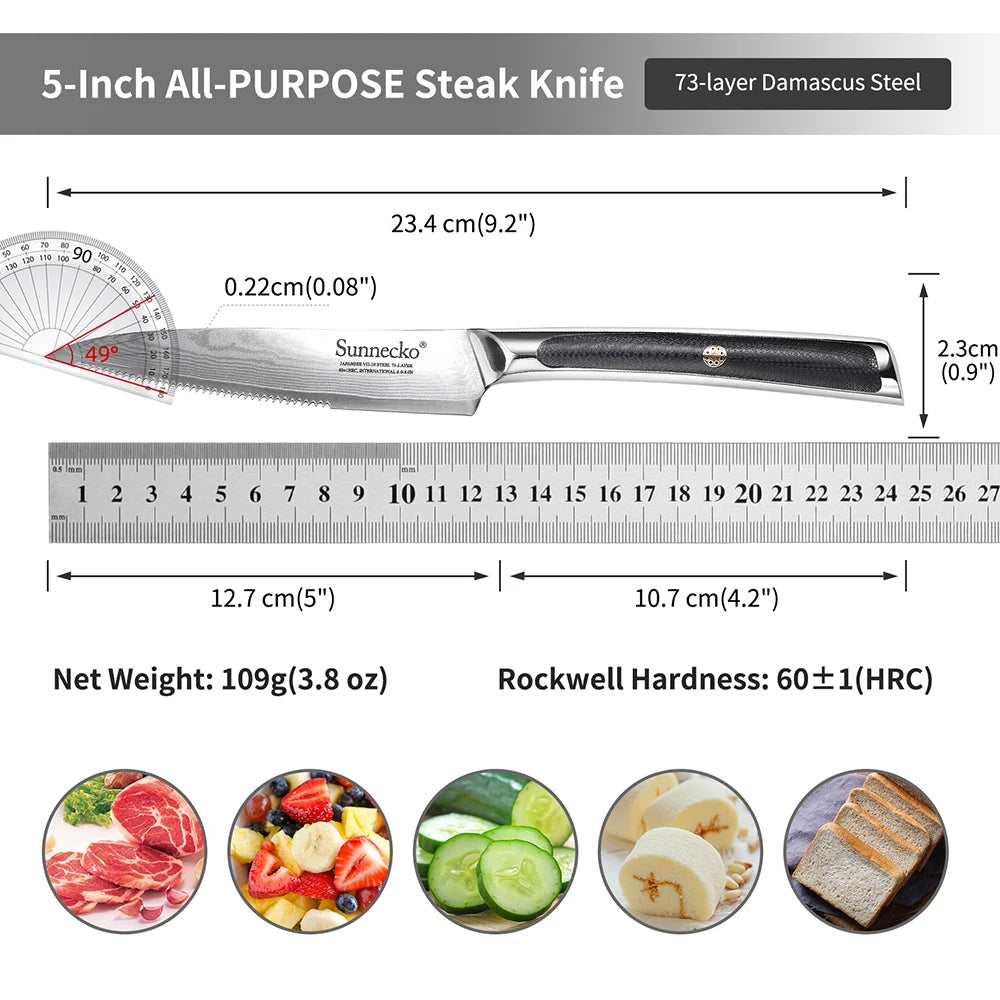 Sunnecko Damascus Steel Chef's Knife Set – VG-10 Japanese Knives Damascus Kitchen Knife Set Axl 5 Inch Steak Knife China Mainland