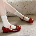 Women's Wine Red Mary Jane Shoes – Butterfly-Knot Block Heel Women's Mary Jane Shoes Axl Red 36