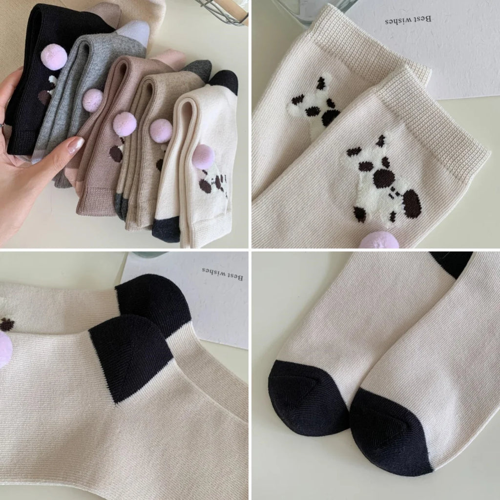 Cute Women's Puppy Socks – Animal Print Cotton Mid-Tube & Fur Ball Novelty Women's Socks Axl