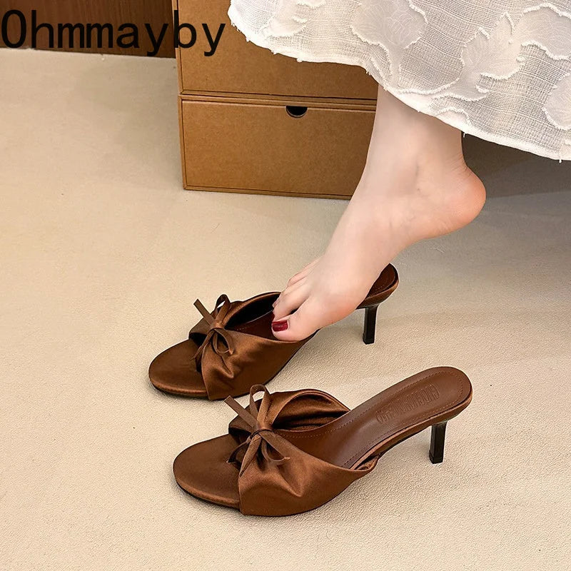 Satin Butterfly-Knot Women's High Heel Slippers | Clip Toe High Heel Slippers Axl