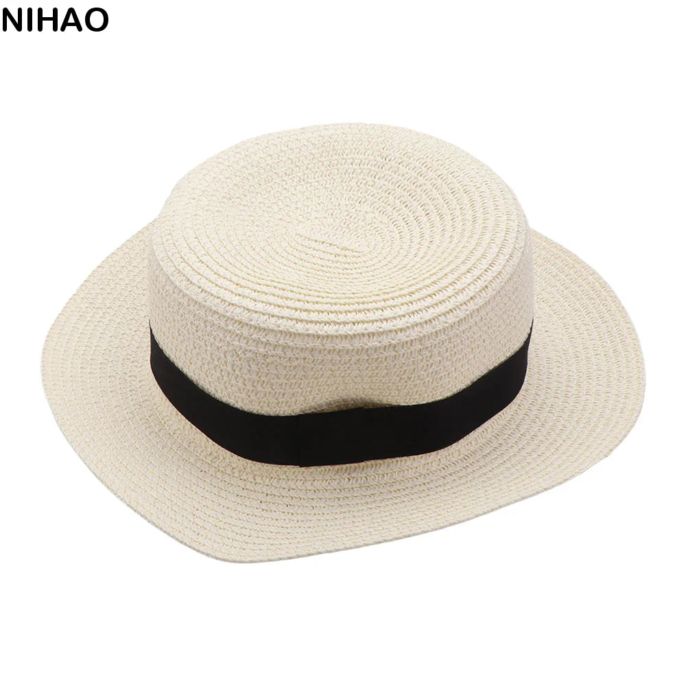 French Flat Top Straw Sun Hat – Unisex Beach & Vacation Cap Straw Sun Hat Axl